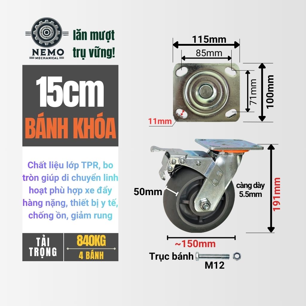 Bánh Xe TPR Bo Tròn Tải Nặng D150 – Siêu Linh Hoạt, Chống Rung & Bảo Về Sàn (Càng 5.5mm)